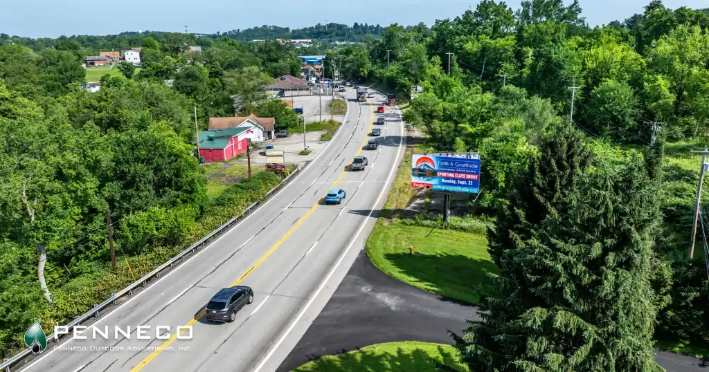 An Aerial view features a digital billboard advertisement along busy Route 30 in North Huntingdon, Pennsylvania